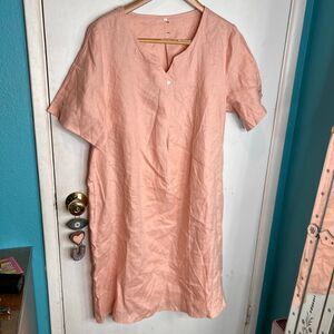 pink linen short-sleeve shift midi dress summer, dusty pink